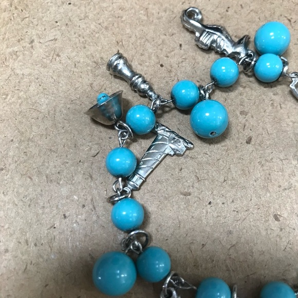 Vintage blue charm bracelet ship wheel bell seahorse anchor globe lighthouse - Picture 6 of 8